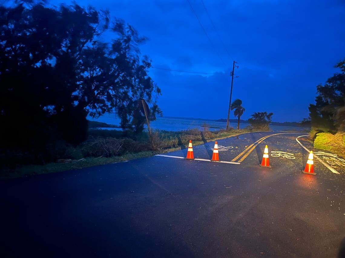 The road to Sands Beach in was coned-off Friday, Sept. 27, 2024, due to Helene’s wake in Port Royal, South Carolina.