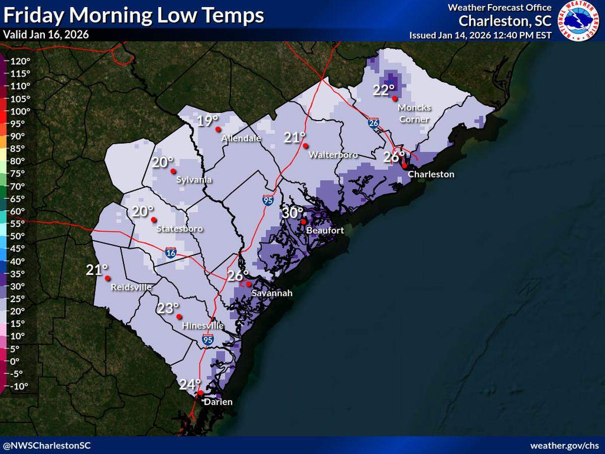 The NWS says cold air will intensify by Friday morning, when very cold temperatures are expected across the region. Lows could drop into the upper teens to lower 20s away from the beaches, marking the coldest readings so far this season.