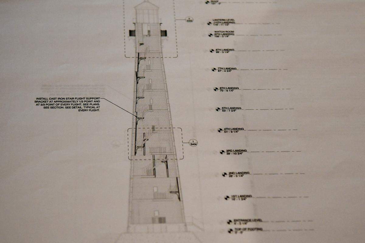 An architectural drawing shows where supports will be installed to help support the cast iron steps as photographed on Aug. 1, 2024 at the visitors center at Hunting Island State Park. The lighthouse has been closed since February 2022 because the cast-iron staircase was found to be unsafe.