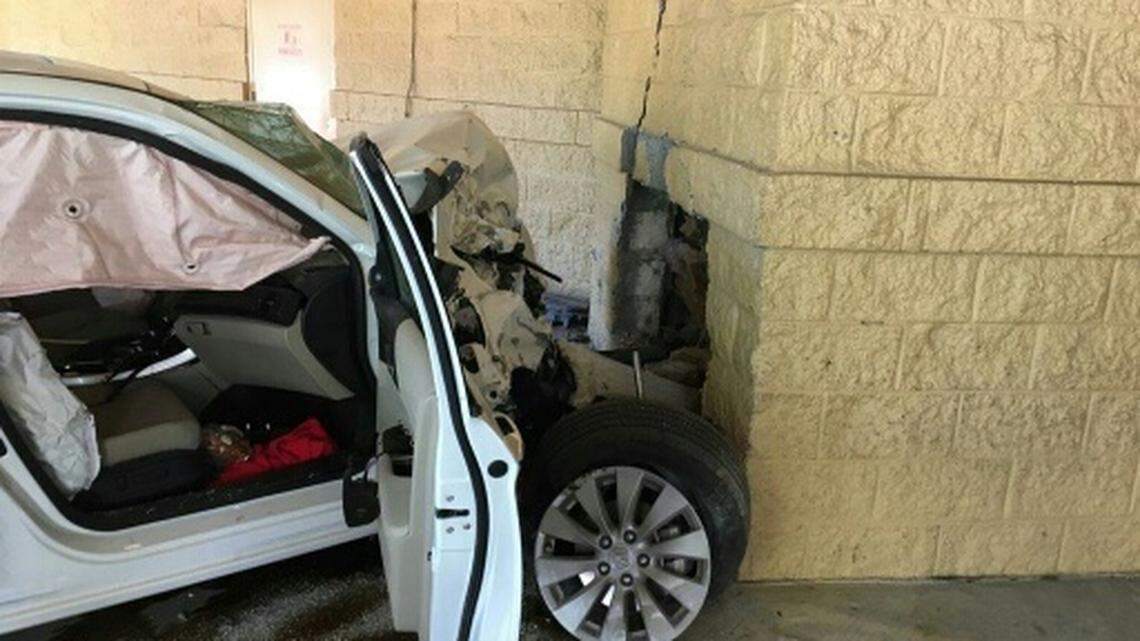 A car driving down a lane of the Hilton Head Island Walmart parking lot on Tuesday afternoon continued on without stopping until it hit the side of the store.