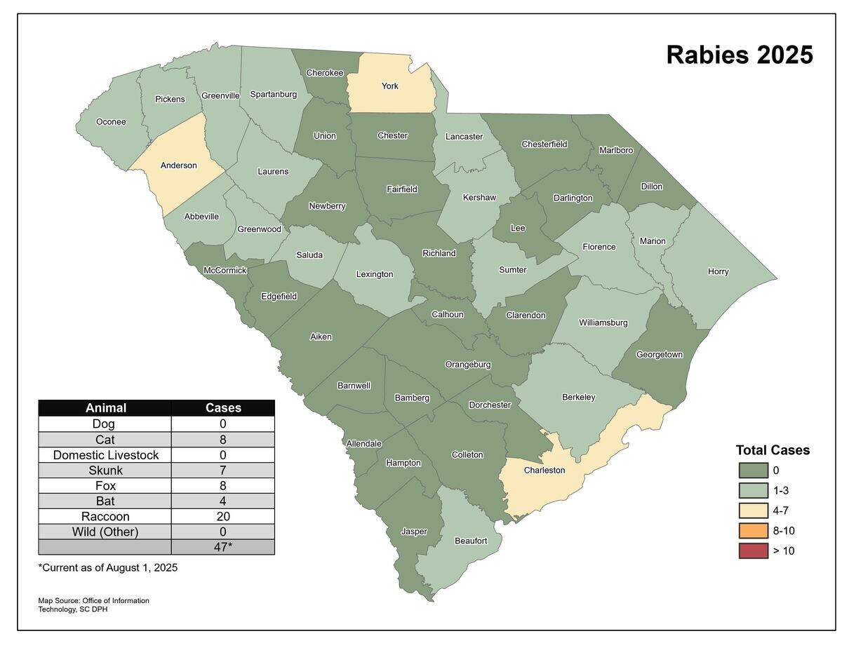 Map of confirmed rabies cases in SC from the SCDPH as of Aug. 1, 2025. 