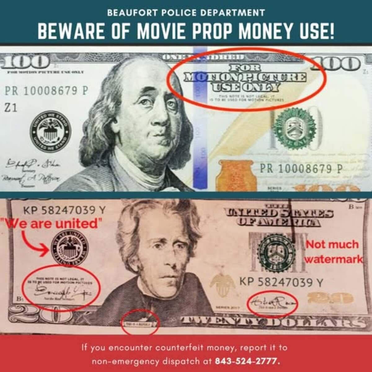 Beaufort police reported three cases of fraudulent transactions involving prop money in the first days of 2025. Investigators are warning residents and local businesses to inspect all cash carefully before accepting it, looking for tells like color-shifting ink and watermarks.