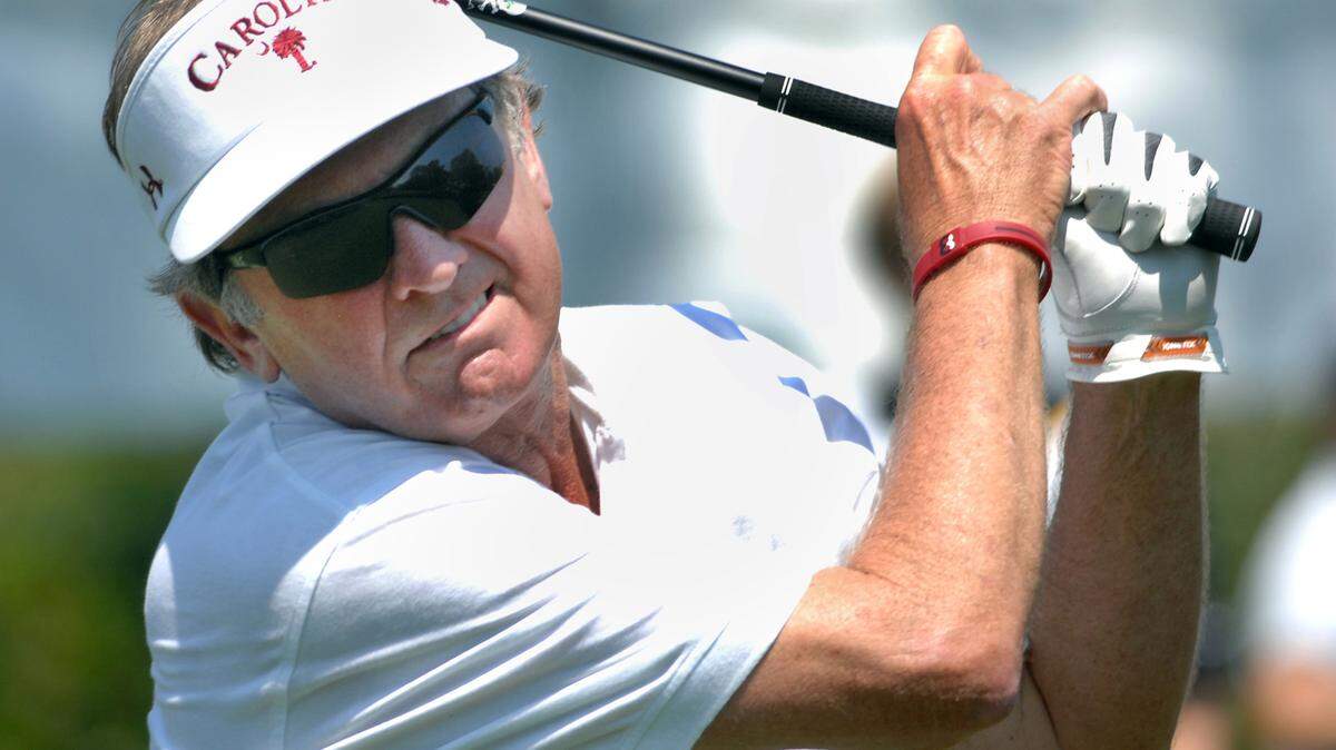 Steve Spurrier tees off on No. 1 during the 2011 Heritage Pro-am. Amateur Spurrier was grouped with two-time tournament champion Boo Weekley.