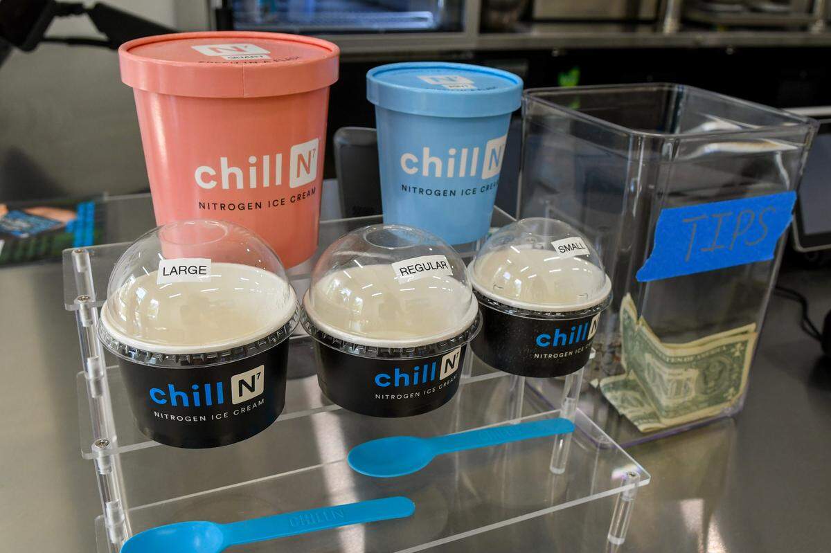 There are several sizes of containers available to enjoy in-store or to take home at Chill-N Nitrogen Ice Cream, located in Belfair Towne Village II in Bluffton.