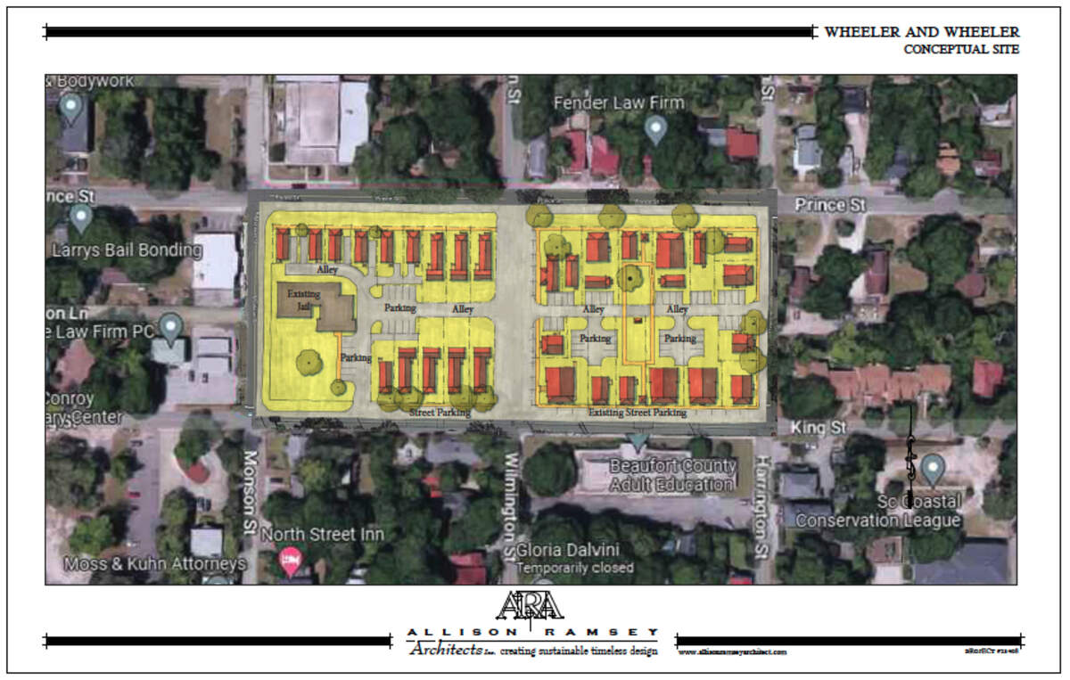 A conceptual site diagram for what would be collectively called Justice Place would redevelop two city blocks in the Northwest Quadrant sandwiched between Prince and King streets in downtown Beaufort.