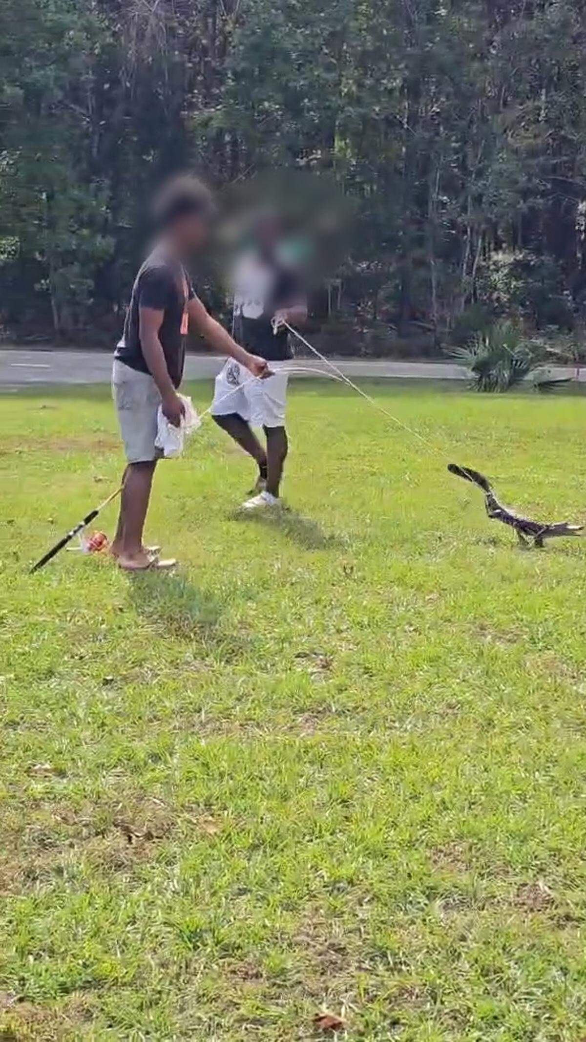 This still from a cellphone video recorded on Nov. 19, 2024 shows two young men who illegally captured an alligator from a lagoon in the Okatie Park neighborhood, located at the border of Beaufort and Jasper counties along S.C. 170.