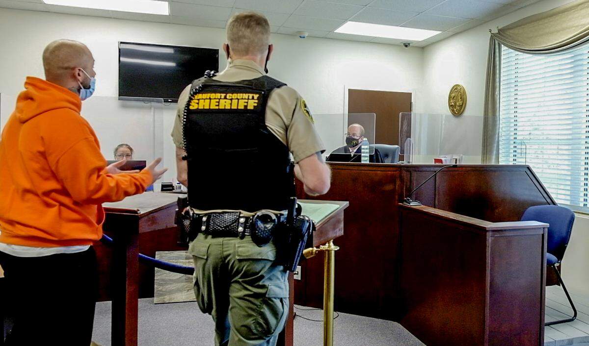 Bluffton Magistrate Judge Jose Fuentes listens on April 1, 2021 as a man asks for the case to be dropped against him due to the fact that the plaintiff failed to appear at the Beaufort County Government Center in Bluffton. Judge Fuentes decided to continue the case because the coronavirus pandemic shutdown governmental offices for nearly a year.