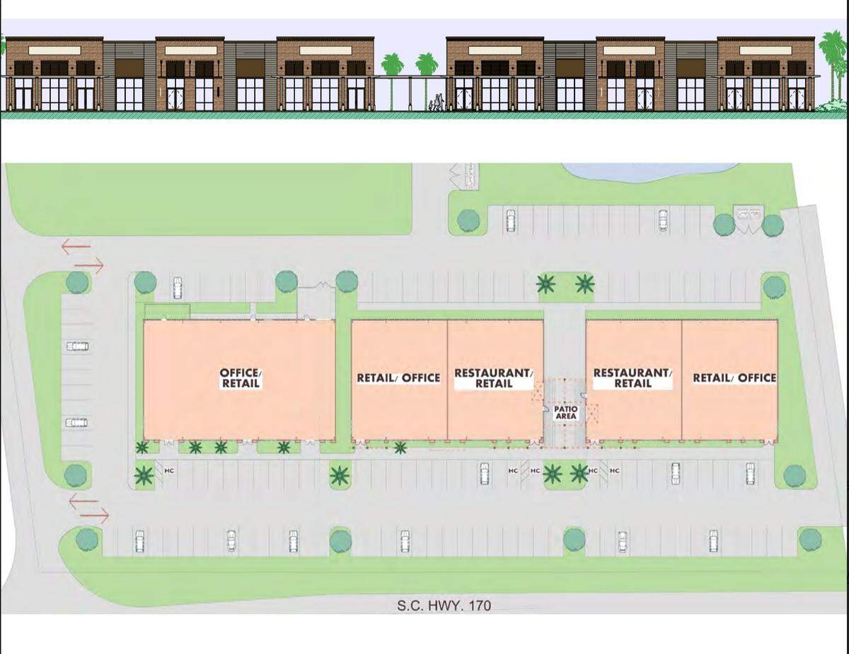 Renderings of a planned strip mall along S.C. 170.