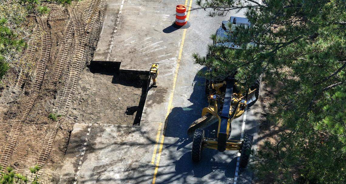 This photo taken by a drone shows the repairs being made to a pavement break on Sams Point Road near the Coosaw River Bridge photographed on March 4, 2026, that connects Lady’s Island to Coosaw Island. Traffic was reduced to one lane, allowing traffic to continue.