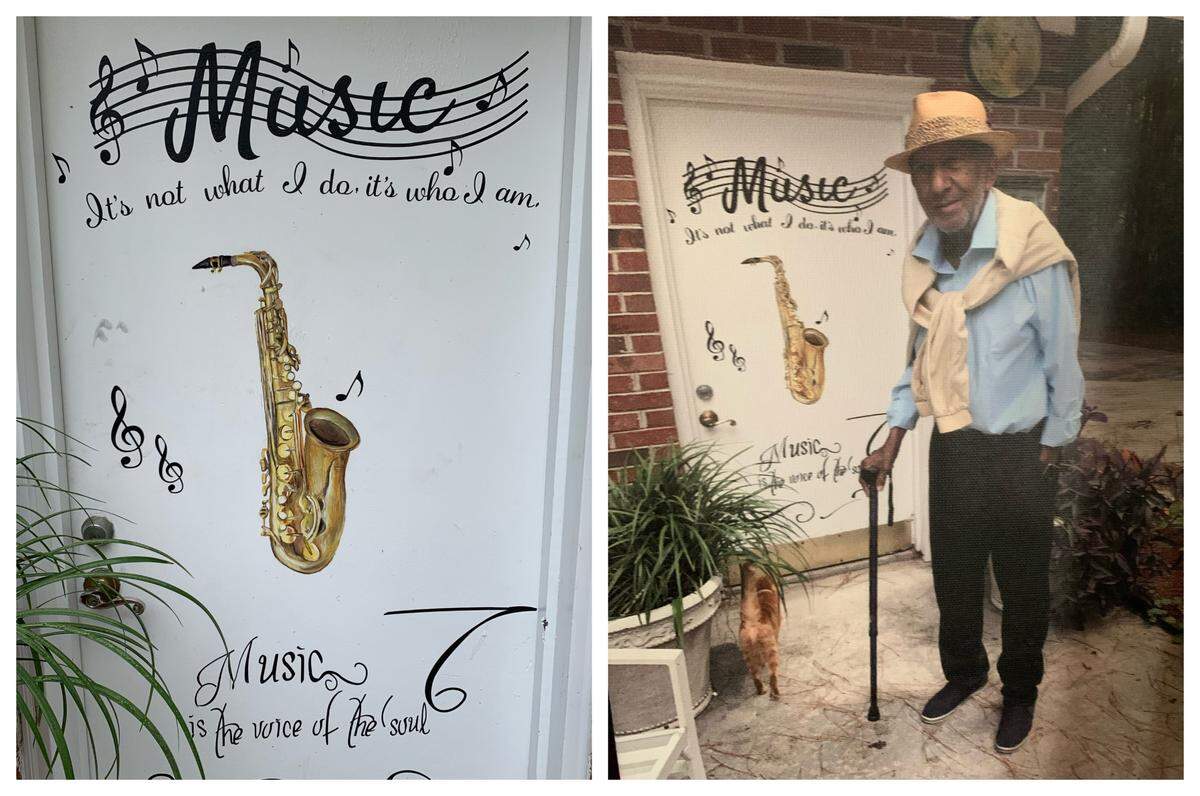 Earl Williams stands recently at his shed door after it was painted by artist Callie Schrader.