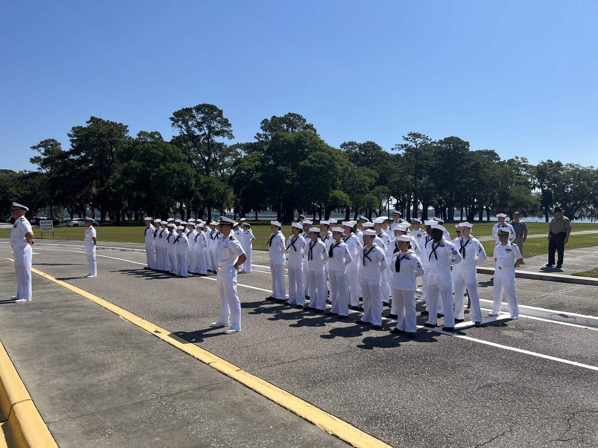 U.S. Navy personnel stand in formation during a ceremony in 2024 at Naval Hospital Beaufort in Port Royal. Local economic development officials are lobbying the Coast Guard to use the property for a training base.