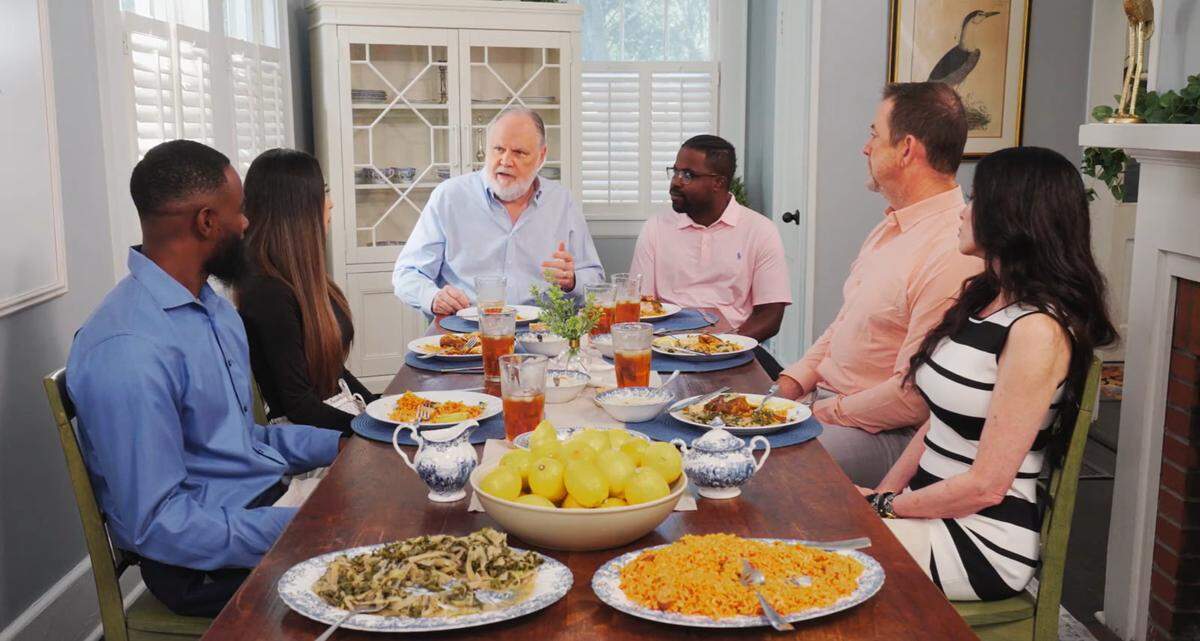 Rep. J.A. Moore, D-North Charleston, and Rep. Jeff Bradley, R-Hilton Head Island sit for dinner with friends on the SCETV “Food for Thought.”