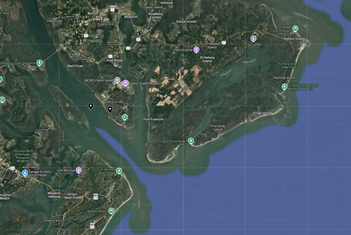 The black dot on the left indicates the Broad River. The black dot on the right indicates the area of shoreline where an experimental reef building method known as “Biorock” is being implemented.