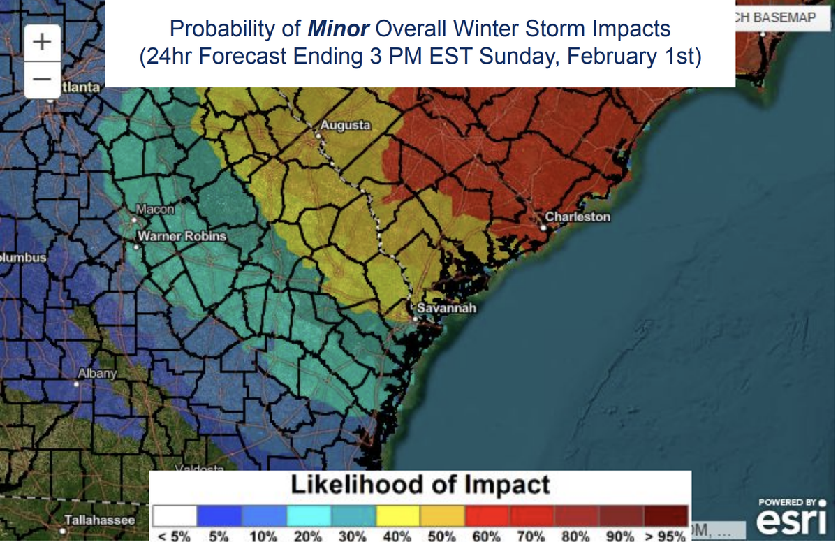 The Hilton Head and Beaufort areas are expected to have a 40-50% chance of minor impacts, like winter driving conditions, from this weekend’s cold weather.