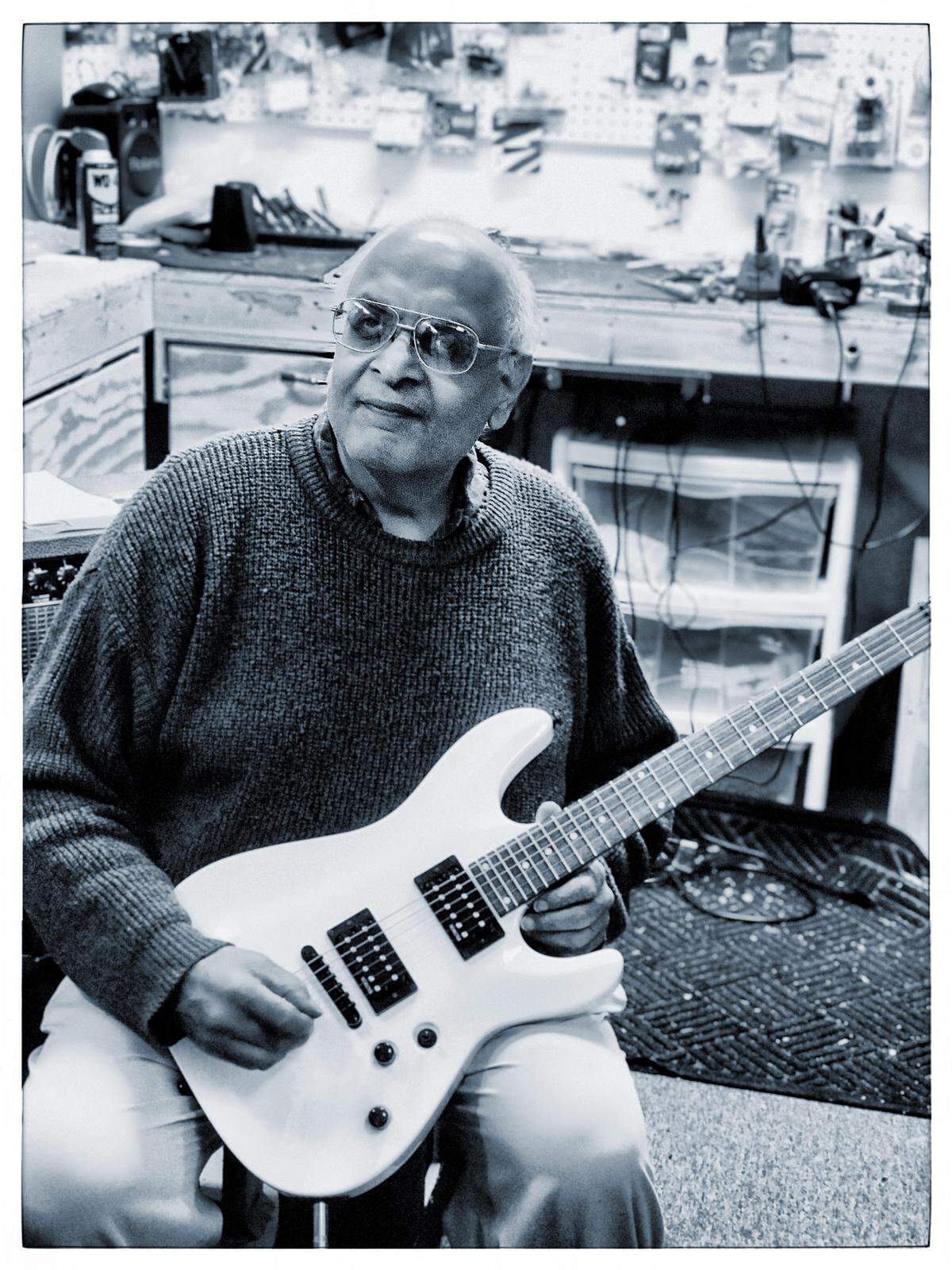 Balakrishna "Bala" Rao is photographed in John's Music on Hilton Head Island, S.C.