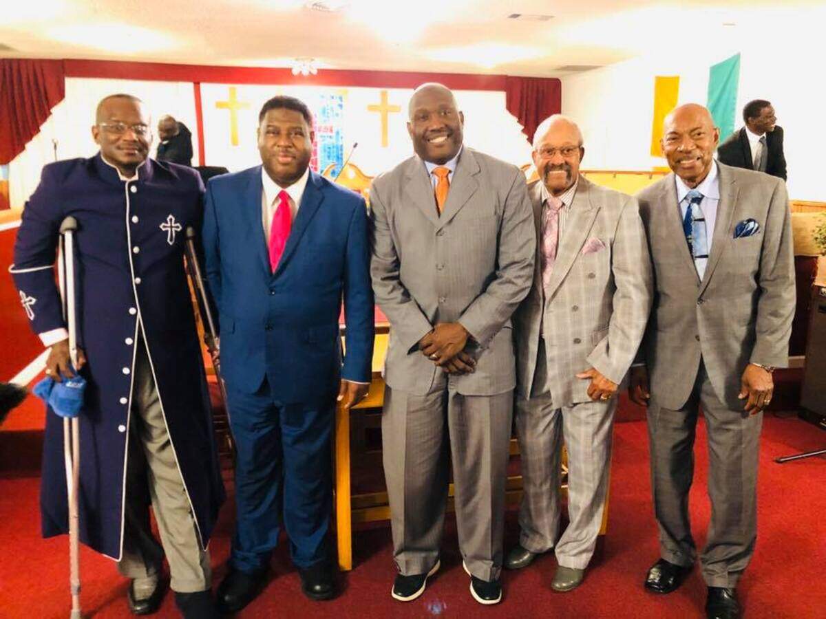 Alvin Petty (second from left) surrounded by friends and fellow church members, from left, Rev. Jenkins, Rev. Dr. Simmons, Elder McCluney and Rev. Durham during the Spring Revival service at the First African Baptist Church in March 2020.