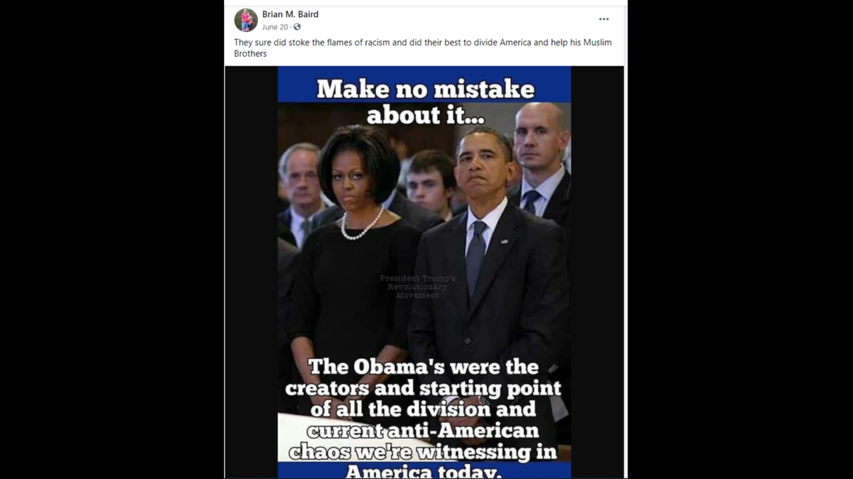 A post on Facebook shared by Beaufort County Sheriff’s Office Lt. Brian Baird on June 20, where he insinuated former President Barack Obama is a “Muslim,” a known conspiracy theory.