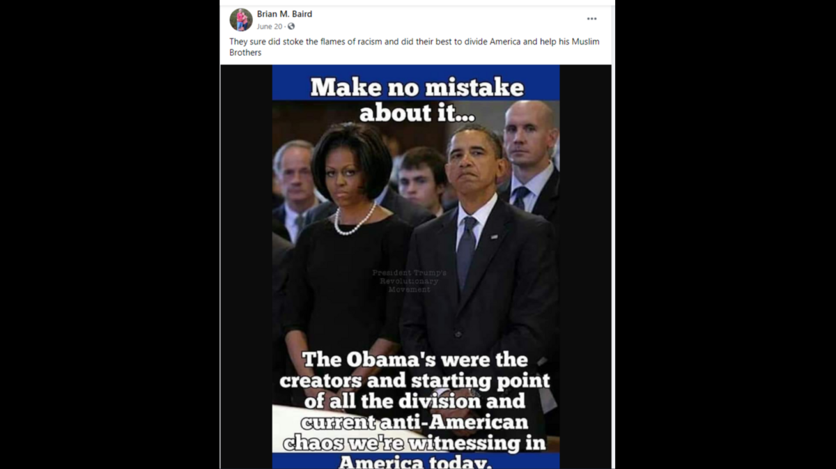 A post on Facebook shared by Beaufort County Sheriff’s Office Lt. Brian Baird on June 20. The post insinuated that former President Barack Obama is a Muslim, which is a false and inaccurate claim. Baird had been the top investigator for internal affiars in the Sheriff’s Office, but he has been reassigned in the aftermath of the controversy over his social media activity.