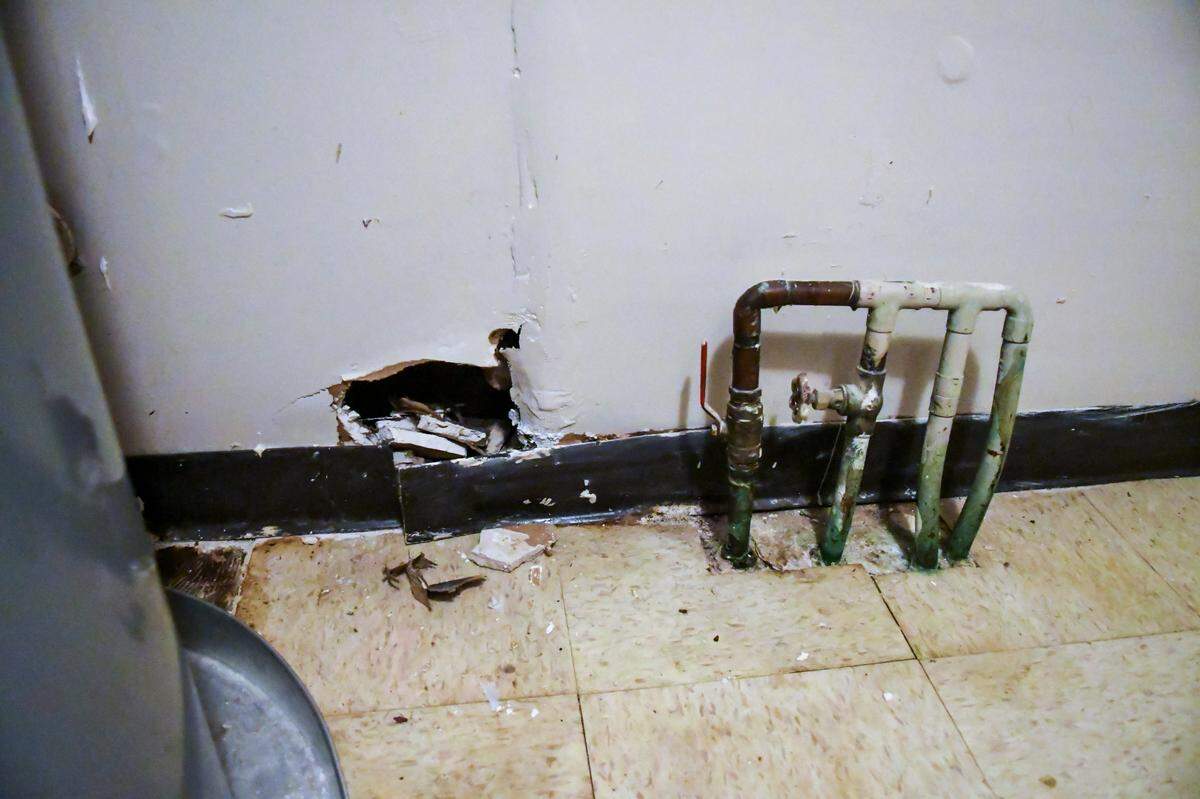 A gaping hole in the drywall, mold and cockroaches are seen inside the temporary Sandalwood Terrace apartment of Briana Cohen and her two-year old daughter as seen on Thursday, Oct. 22, 2020 on Hilton Head Island. Cohen, whose original apartment caught fire, has been living with her mother in Beaufort. When asked if management conducted a walk through of the apartment with her, Cohen said, “They gave me the keys and that was it.”
