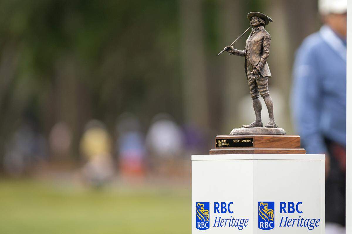 The trophy stands tall next to the tee of the first hole during the final round of the RBC Heritage Presented by Boeing at Harbour Town Golf Links on Sunday, April 16, 2023 in Sea Pines on Hilton Head Island.