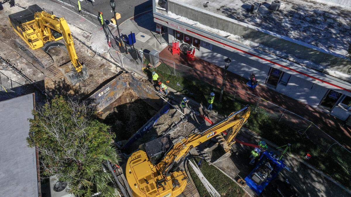 Closed to vehicular traffic, a hole is dug and trenched at Charles and Bay streets as work continues on the $9.7 million storm water improvement project. Photographed on Nov. 18, 2025, in downtown Beaufort.