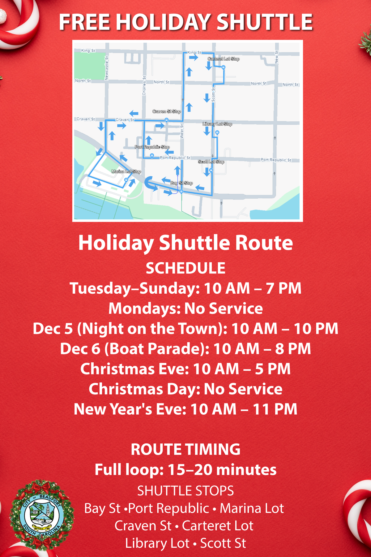 A free shuttle will transport shoppers around downtown Beaufort this holiday season.