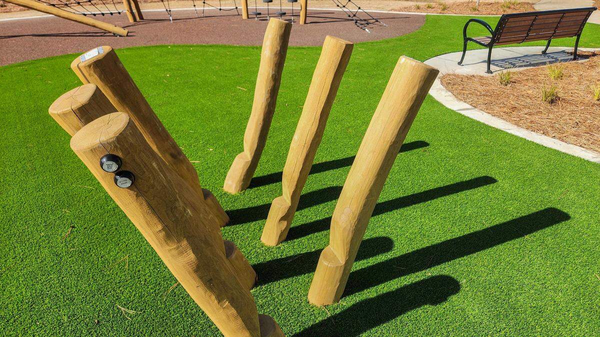 Stilts that improve balance as photographed on Jan. 28, 2025, is featured in one section at the New Riverside Barn Park set for a grand opening on Feb. 22 in Bluffton.