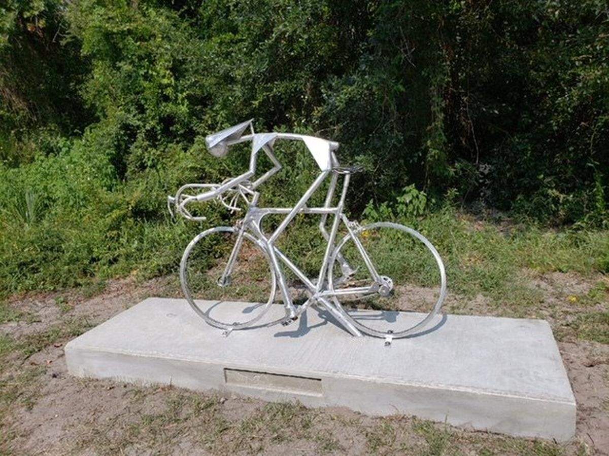 The “CYCLE” sculpture which honors cyclist Jeffery Garske, stands in Coligny Circle on Hilton Head in August 2018. The memorial was removed by the Town of Hilton Head Island on Sunday after it was vandalized for the second time in a month.