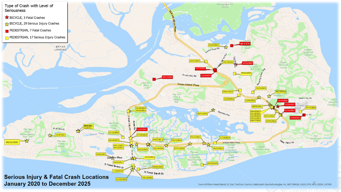 This map shows the location and frequency of fatal and serious injury crashes involving pedestrians and cyclists on Hilton Head Island between January 2020 and December 2025.