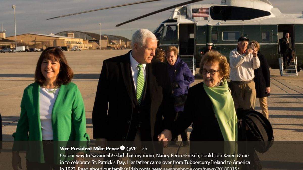 Vice President Mike Pence arrives at the Savannah Air National Guard Base in Garden City flanked by his wife and his mother.