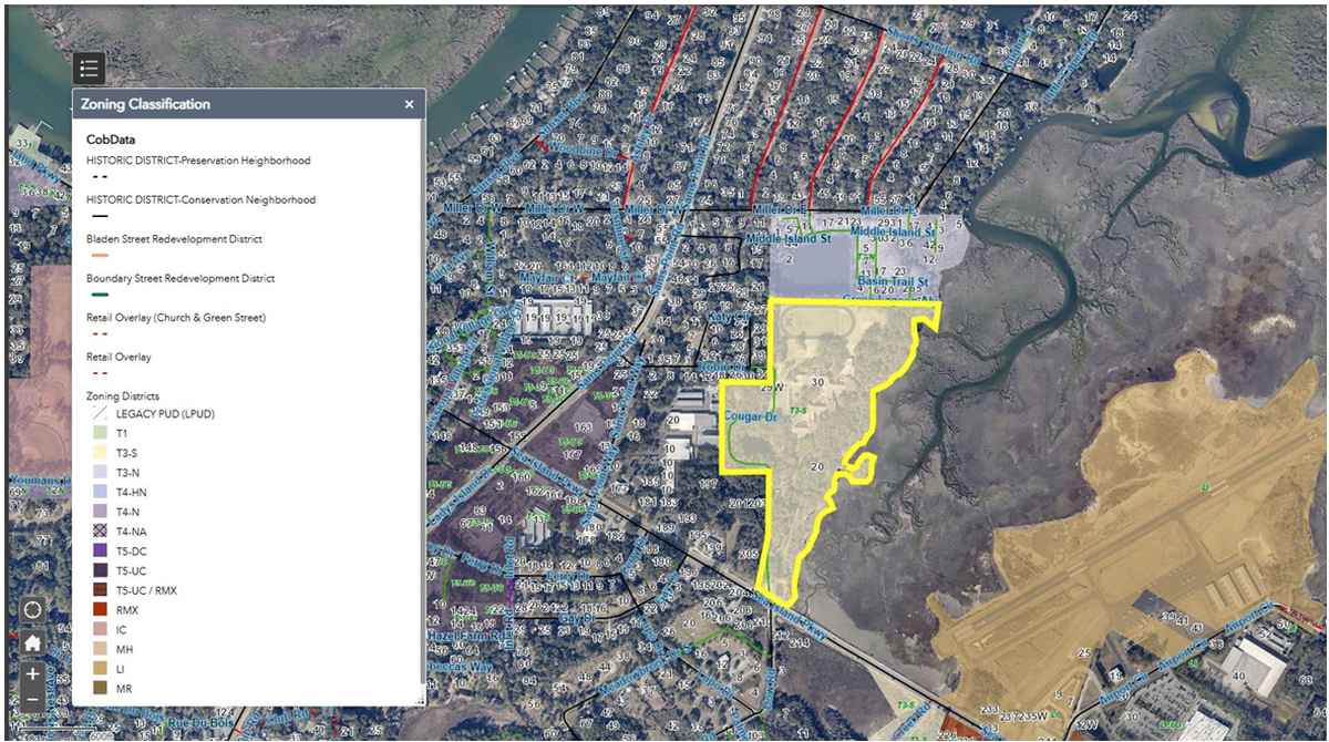The area outlined in yellow is the location of the Lady’s Island Middle School property off of Sea Island Parkway.
