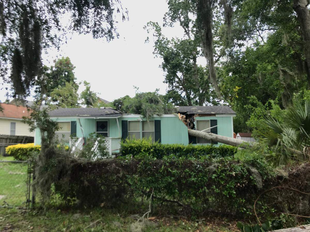 A tree blown down by a tornado destroyed this mobile home in Port Royal.