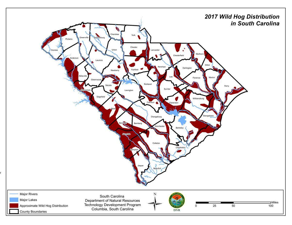 The areas in red show where wild pigs have been recorded in South Carolina, as of 2017.
