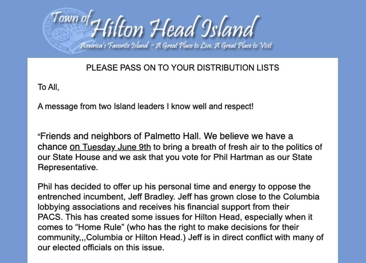 If you got this endorsement email, would you assume it came from the Town of Hilton Head? Some say Tom Lennox’s email was a little too close for comfort to the town template for a political endorsement.