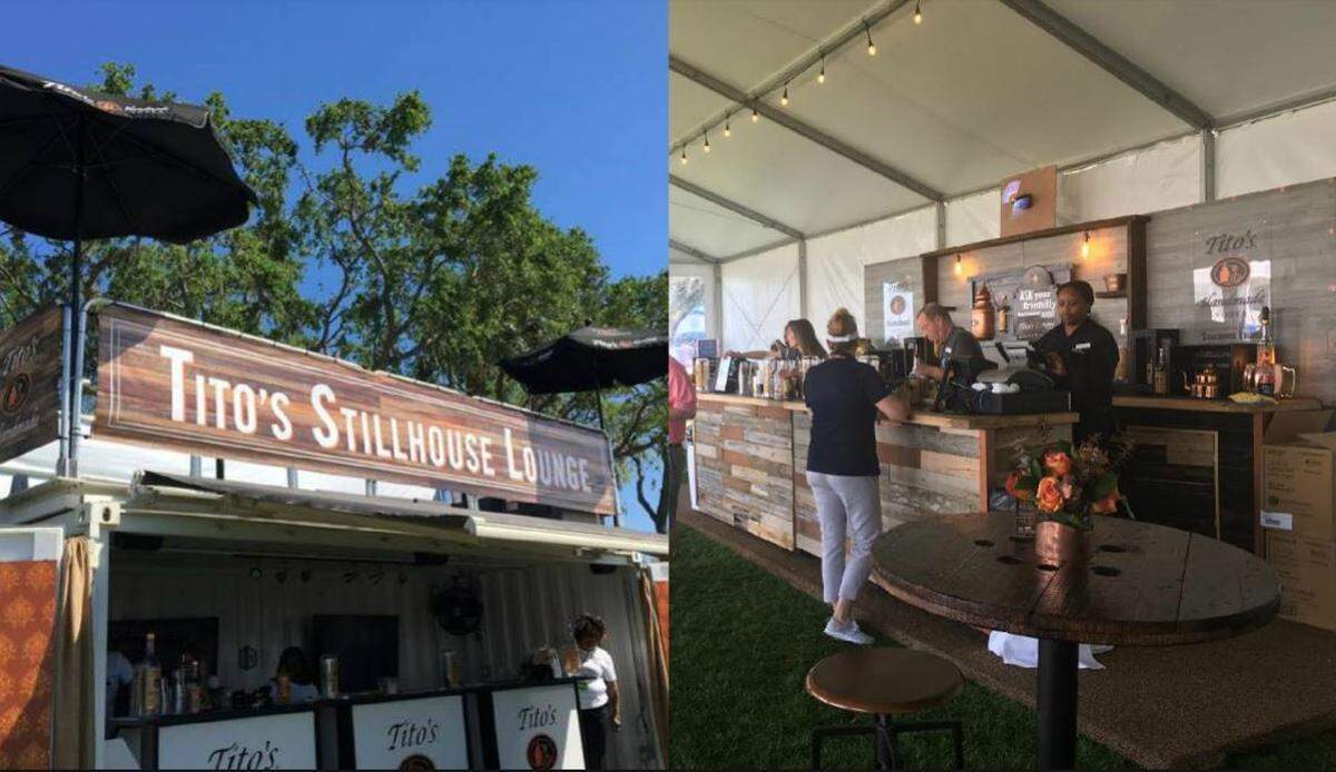 The 2017 Tito’s Stillhouse Lounge (left) was revamped and redecorated in for the 2018 RBC Heritage golf tournament on Hilton Head Island, South Carolina (right).