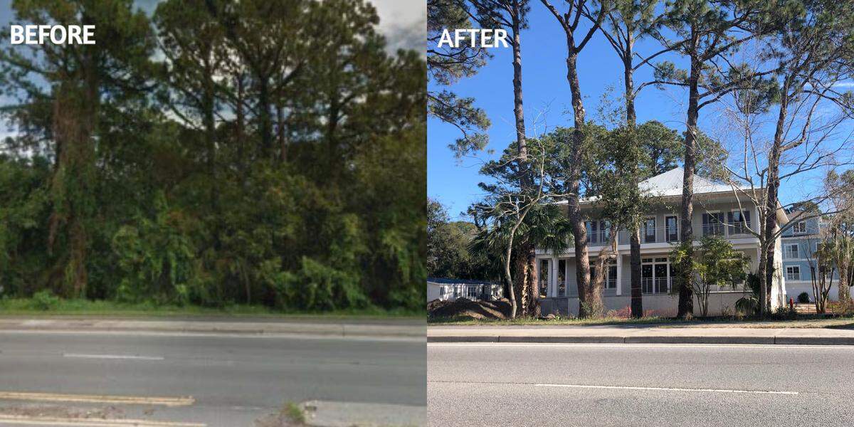 A comparison of a section of U.S. 278 where a new office building for a vacation rental company is clearly visible. The town says the removal of the buffer between the road and office was not allowed.