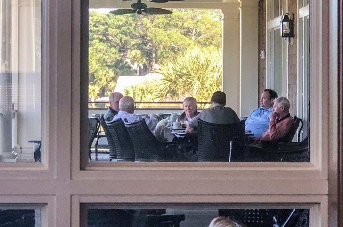 Hilton Head Mayor John McCann, Assistant Town Manager Josh Gruber, Council member Tom Lennox, Council member Bill Harkins and Beaufort County Council member Stu Rodman meet with prominent Hilton Head resident Tom Sharp at Fraser's Tavern on Sept. 22. 