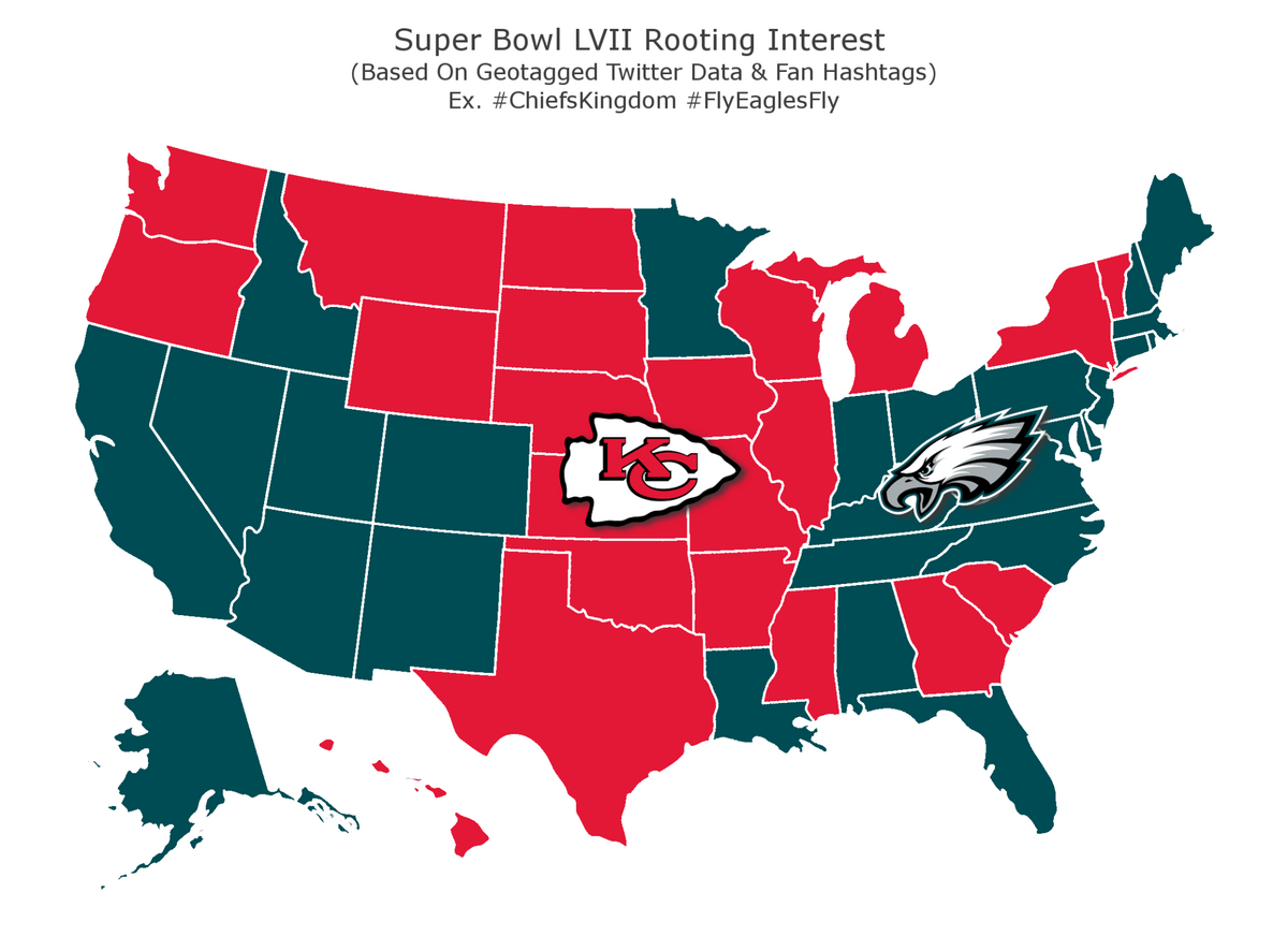 A map displaying which team each state is rooting for during the 57th Super Bowl this year. The map was put together by betonline after using trends software with direct access to geotagged twitter data to discover each state’s fan base.