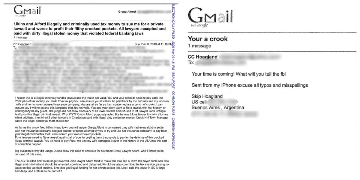 A collage of two emails sent by Skip Hoagland that were submitted to Judge Lawton McIntosh Monday in court. McIntosh ruled that Hoagland was in criminal contempt for sending the emails and thus violating the court’s orders not to talk about the defamation case against him.