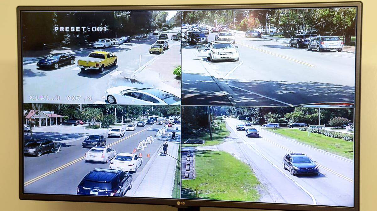 Images from four of Bluffton's new surveillance cameras are displayed on a monitor at the new Old Town Bluffton Police Substation on Aug. 25, 2015. The City of Beaufort is also considering a surveillance camera network.
