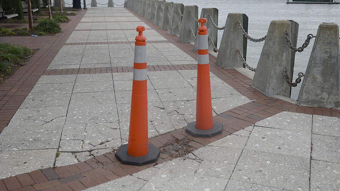 A sinkhole has appeared in the center of the walkway near the marina at Henry C. Chambers Waterfront Park in Beaufort.