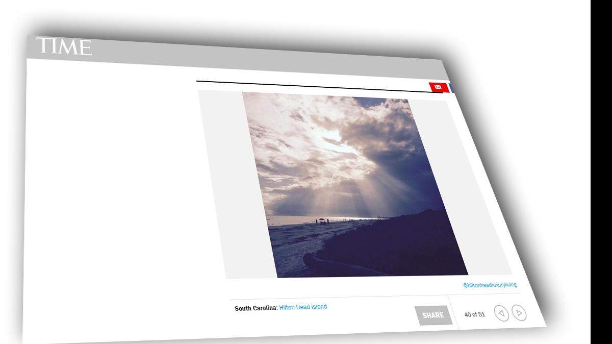 This screenshot shows the South Carolina segment of Time.com's "Most Instagrammed Places in America" story, displaying a quintessential sunrise scene on a Hilton Head Island beach.