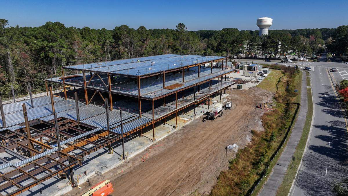 Construction continues on the Beaufort Memorial Bluffton Community Hospital on Nov. 6. It’s located at Buckwalter and Bluffton parkways, and Beaufort-Jasper Water & Sewer Authority’s new water tower can be seen in the background in greater Bluffton.