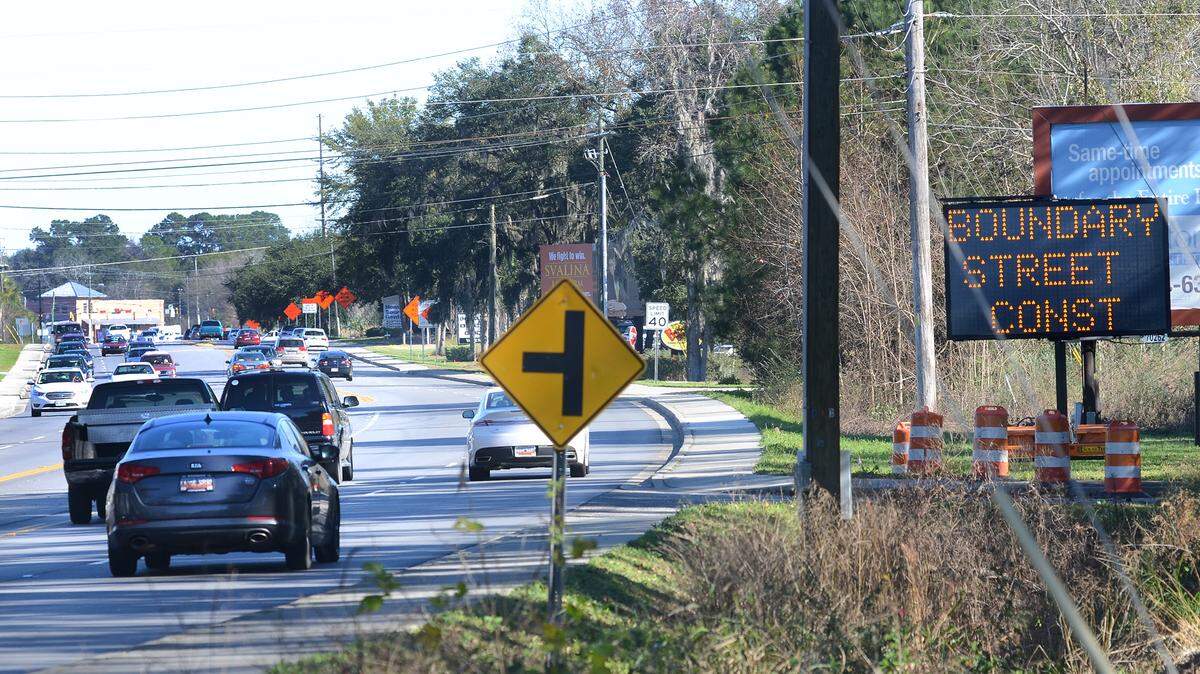 Motorists approaching Boundary Street on Robert Smalls Parkway on Jan. 4 are greeted with an illuminated sign warning them that construction on the long-awaited improvements on Boundary Street have begun.