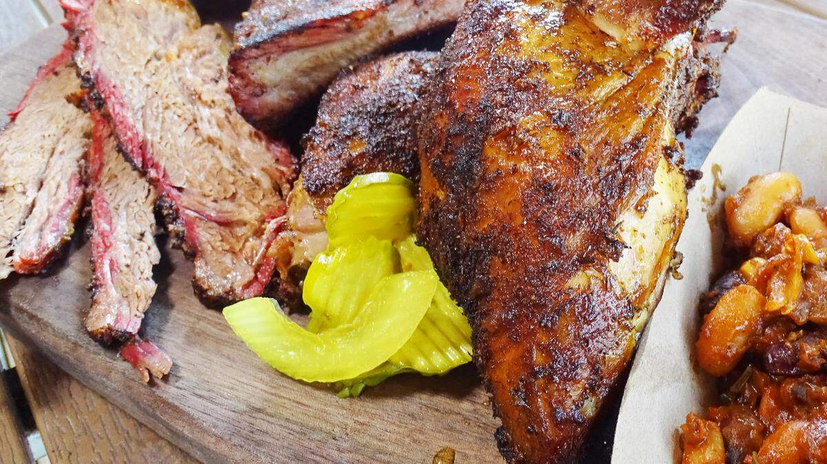 Barbecue brisket, chicken and sides from Forrest Fire BBQ in Coligny Plaza on Hilton Head Island.