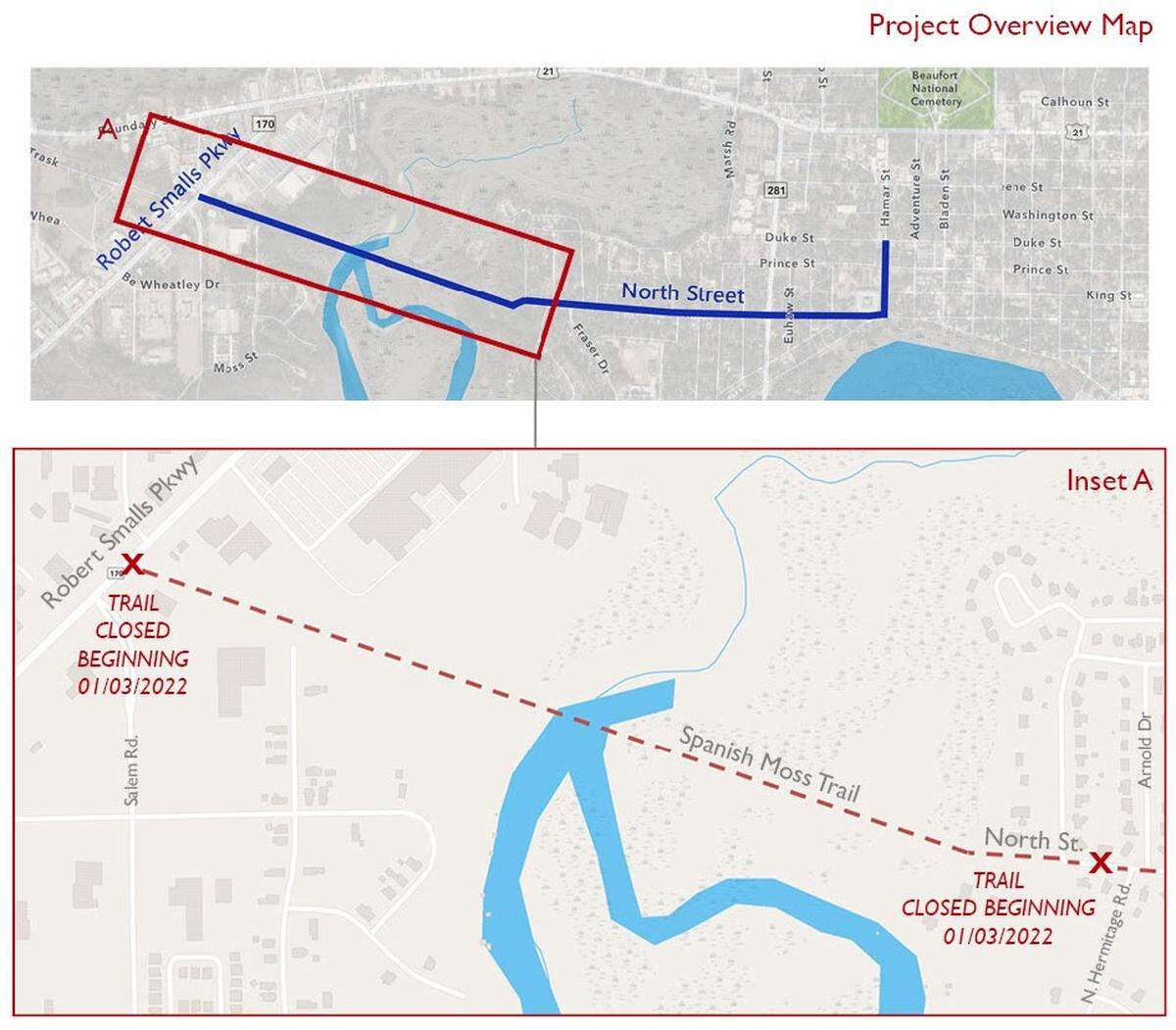 The top map shows the project are of the North Street Main Transmission Main Project. The bottom map shows where the Spanish Moss Trail will be closed from Jan. 3 until sometime this spring.