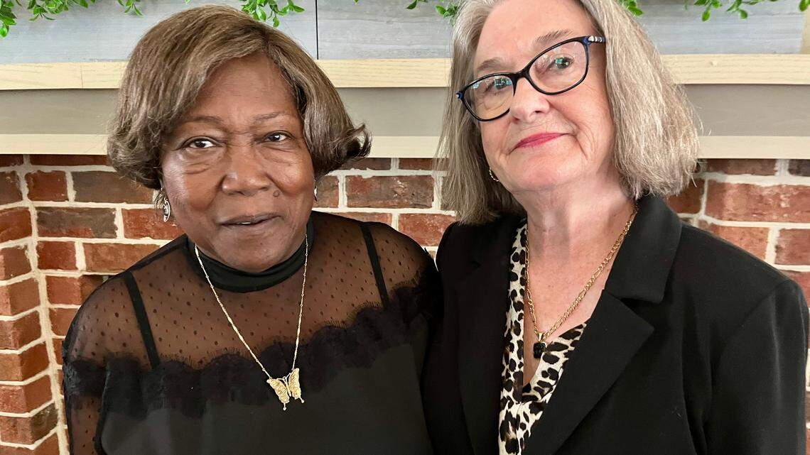 Emanuel 9 shooting survivor Polly Sheppard, left, of Florence, and Margaret Seidler of Charleston pose following a presentation called “Building Bridges Across Time and Race” at First Presbyterian Church on Hilton Head Island on Oct. 26, 2024, co-sponsored by the Lowcountry Coalition Against Hate, the Hilton Head MLK Committee on Justice and St. Andrew By-the-Sea United Methodist Church.