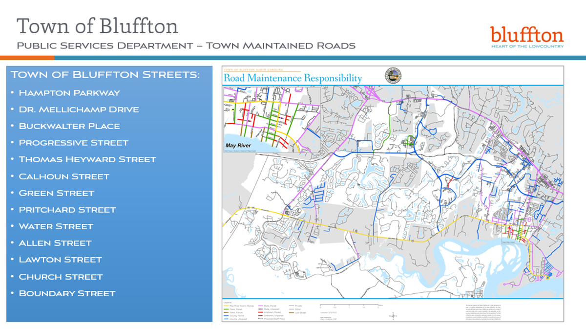 A “Road Maintenance Responsibility” map provided by The Town of Bluffton shows which routes are maintained by the town ahead of possible winter weather Tuesday, Jan. 21, 2025. The majority of roadways in Beaufort County are maintained by SCDOT, whose personnel will operate snow plows in the event of snowy conditions.
