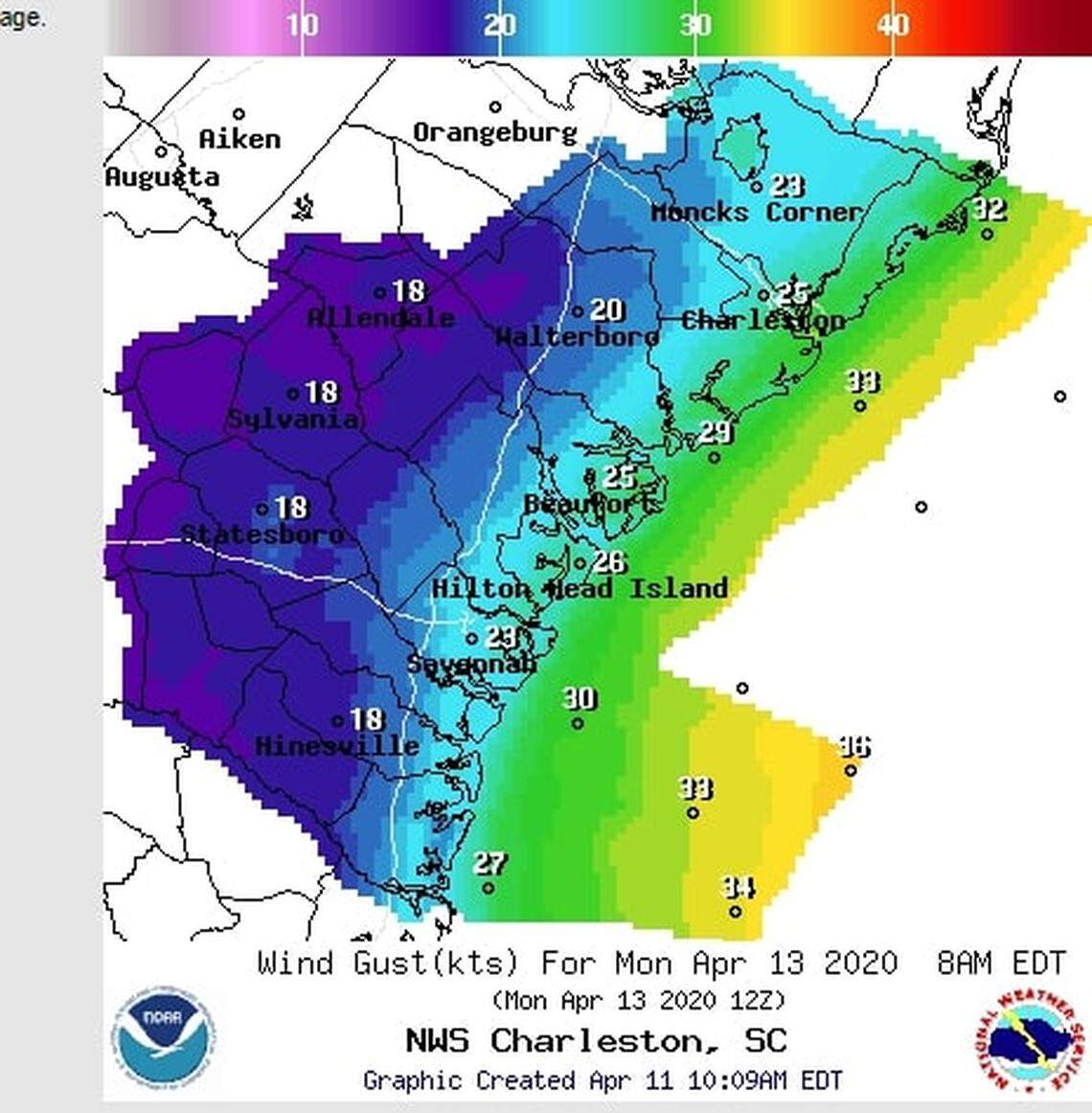 Map from the National Weather Service Charleston showing wind gust speeds on Monday.
