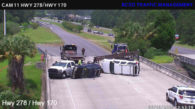 Overturned car hauler shuts down eastbound lanes of US 278 in Okatie area